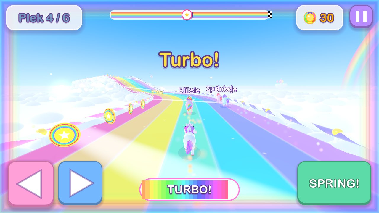 In-game screenshot: a white unicorn with a purple mane races along a pastel rainbow track above the clouds, collecting rainbow coins while the word Turbo flashes on screen.