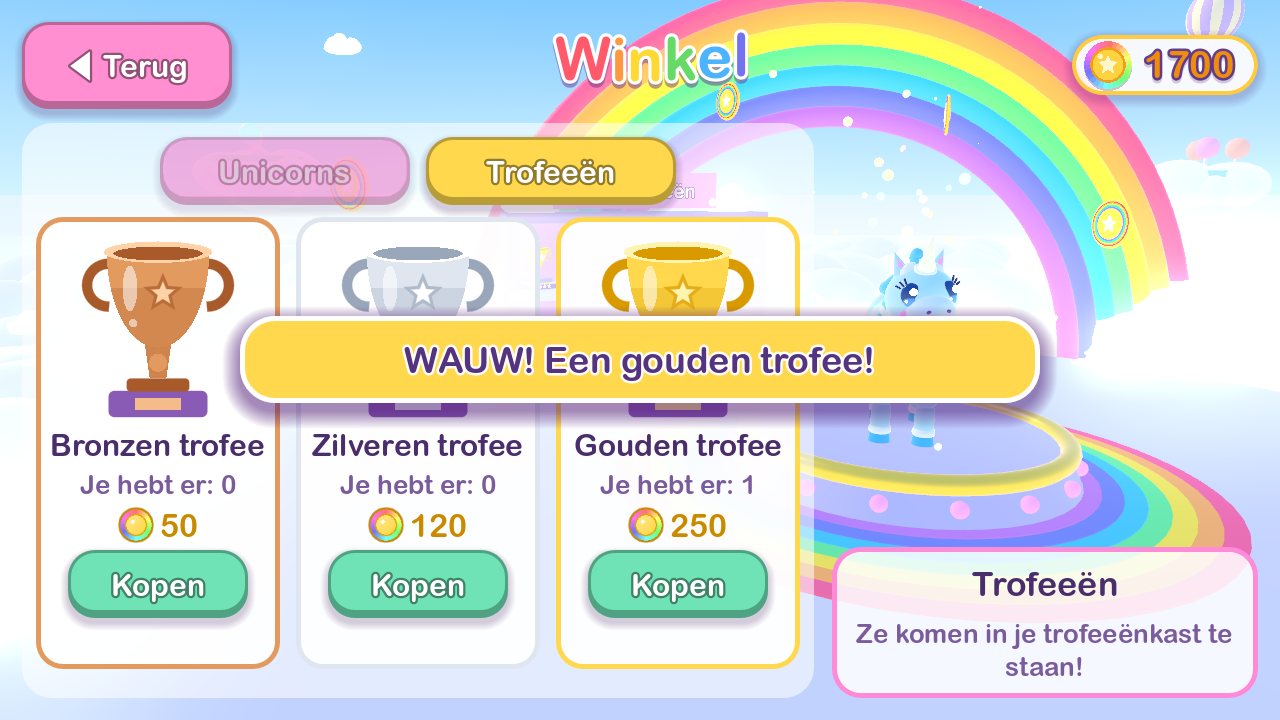 The shop with bronze, silver and gold trophies priced in rainbow coins.